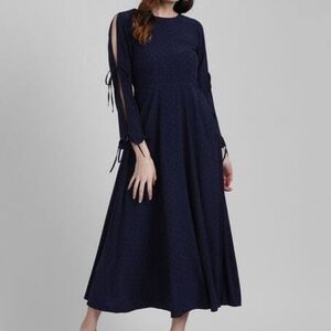 Zink London Navy Blue and Tan Polka Dot Open Tie Sleeve Midi Dress